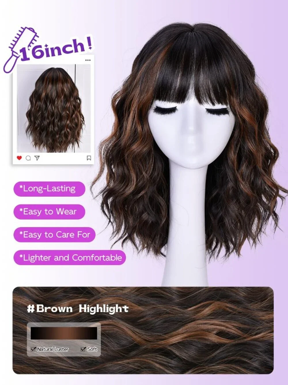 Women's Brown Highlight 14 Inch Natural Synthetic Short Curly Wavy Fiber Wigs
